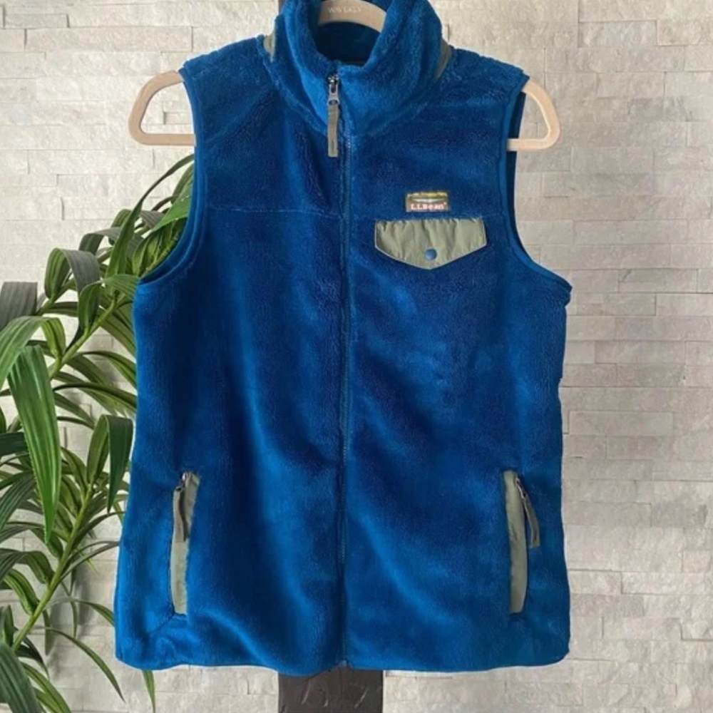 L. L. BEAN Women's L.L.Bean Hi-Pile Fleece Blue Olive Green Accent Vest